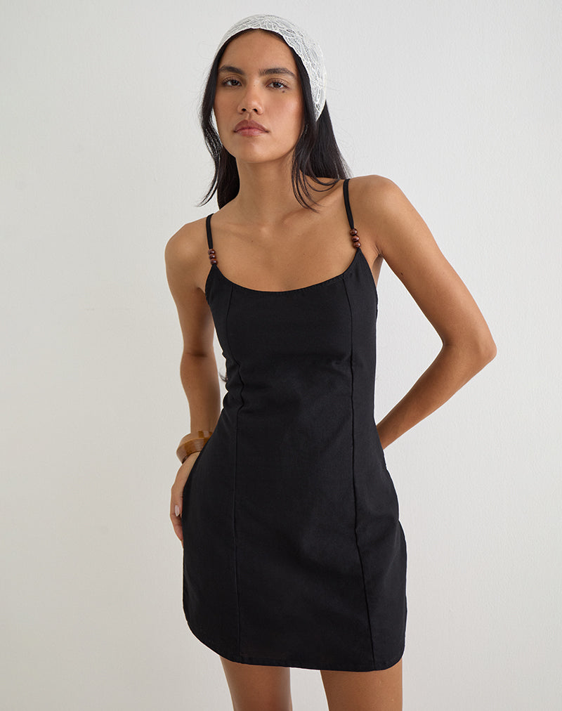 AMBRA-MINI-DRESS-LINEN-BLACK-ZEBRA-GLASS-BEAD-NECKLACE-NDL-46611