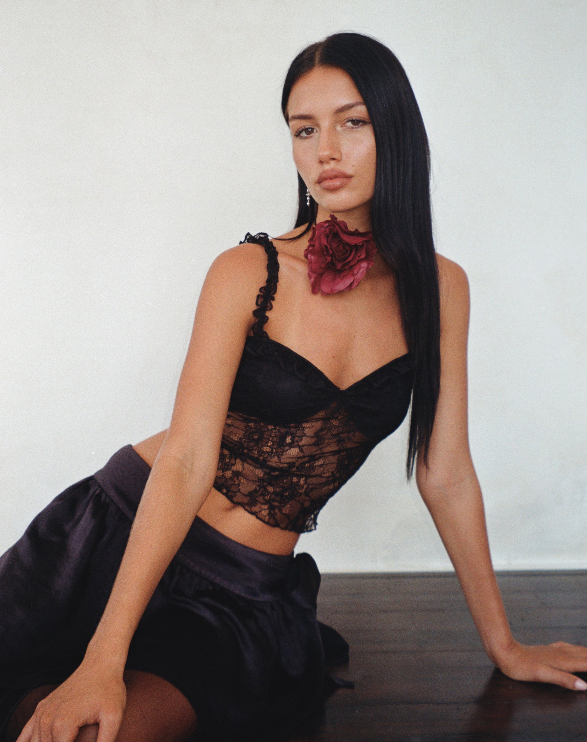 EMILIA-LACE-FRILL-VEST-BLACK-_-HABEMA-WRAP-MINI-SKIRT-SATIN-BLACK-_1