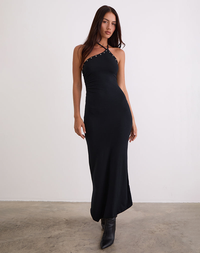 ISHIKAWA-ASYM-MIDI-DRESS-EYELETS-BLACK-100735
