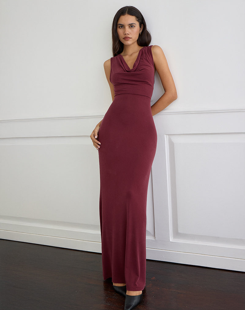 NAMRA-COWL-MAXI-DRESS-CUPRO-BURGUNDY-STUDDED-SHOULDER-BAG-BLACK-6564
